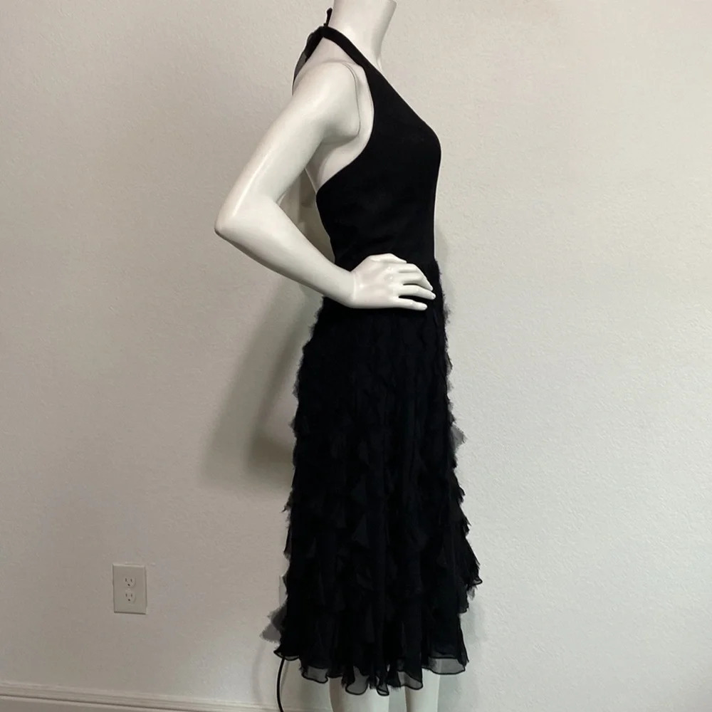 White House Black Market Black Silk Low Cut Ruffle Sleeveless Midi Dress Size M - Picture 6 of 9